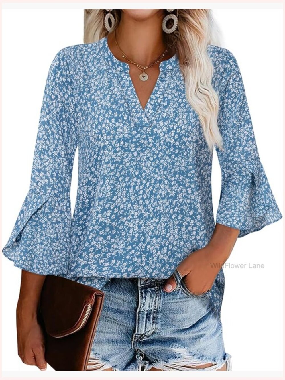 V Neck Ruffle 3/4 Sleeve Blouse Dressy Casual Work Top Tunic